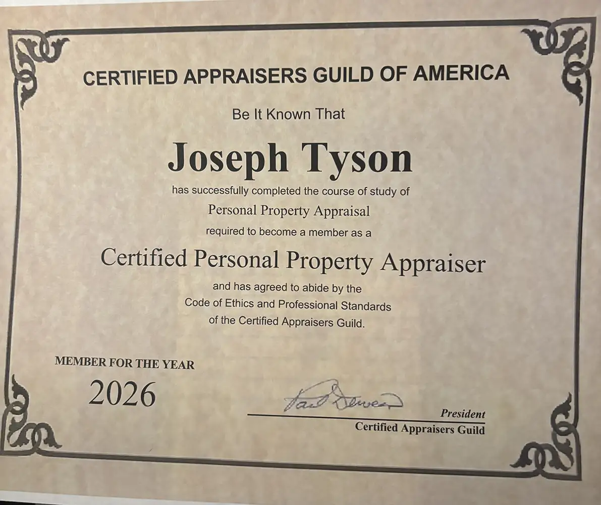 Certified Appraisers Guild of America membership certificate